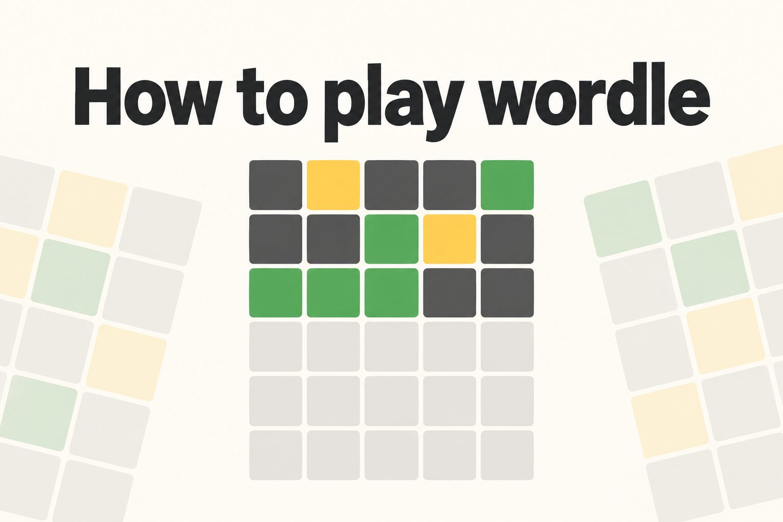A Wordle game board with five-letter guesses in green, yellow, and gray tiles